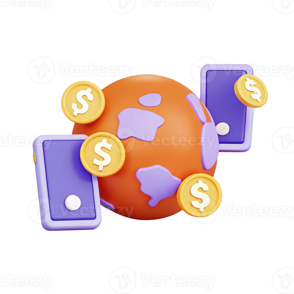Global money transfer concept with phones and coins illustration. png