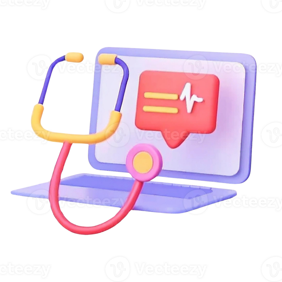 Colorful illustration of telehealth with a stethoscope and screen. png