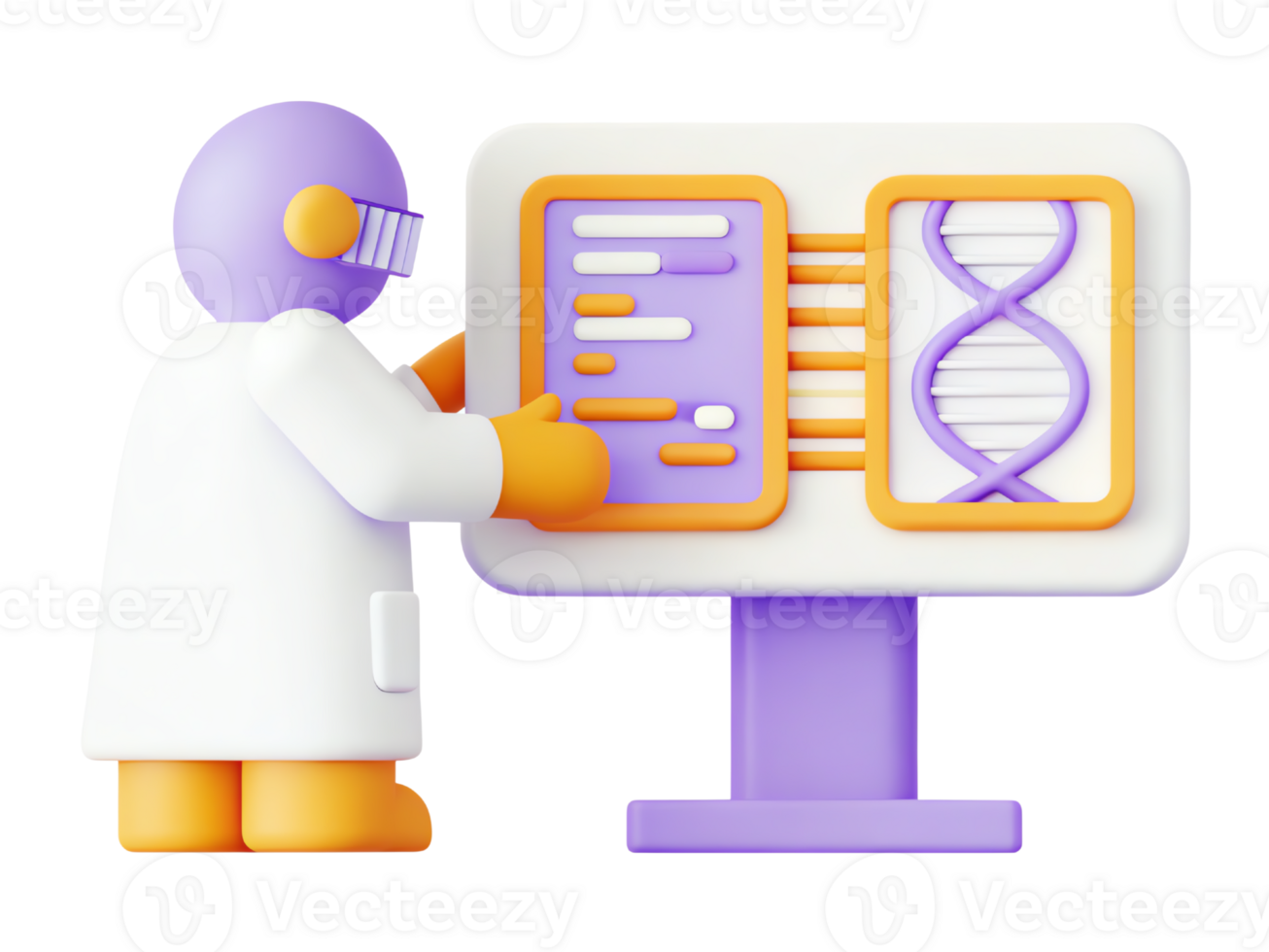Cartoon scientist analyzing data on a digital display. png