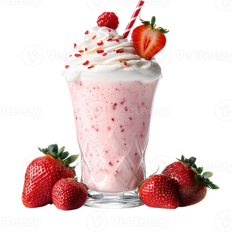 Strawberry milkshake with whipped cream and fresh strawberries on transparent background png