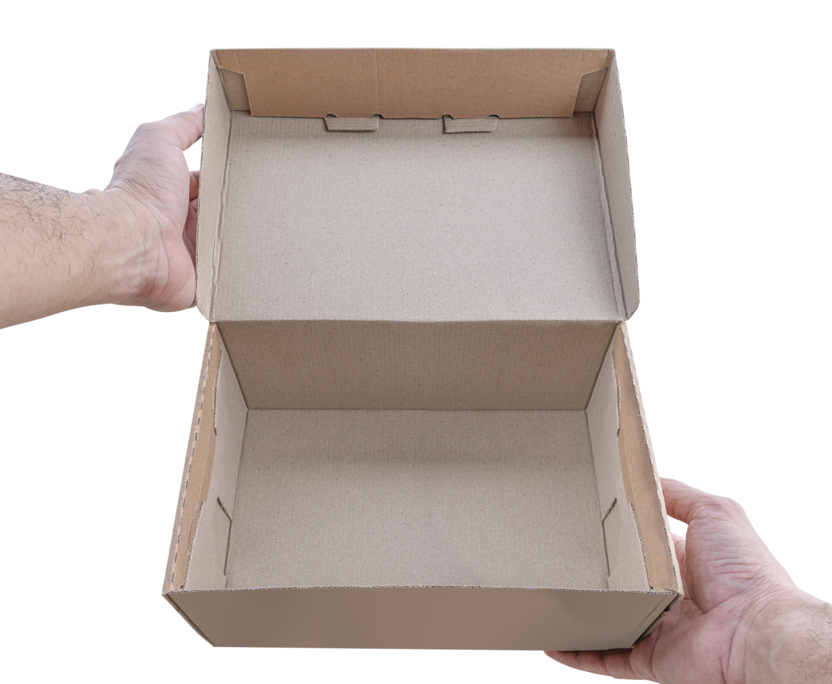 Hand hold open cardboard box png