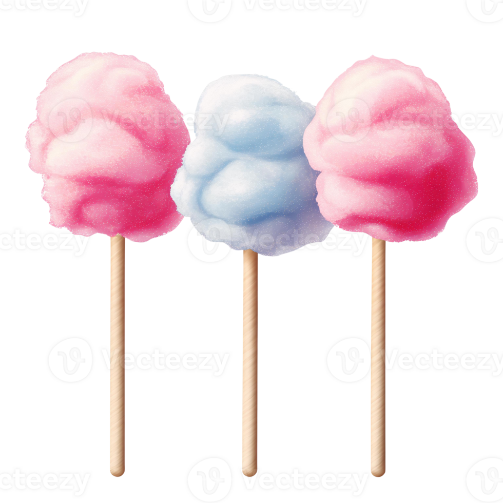 Pink and blue cotton candy on sticks on transparent background png