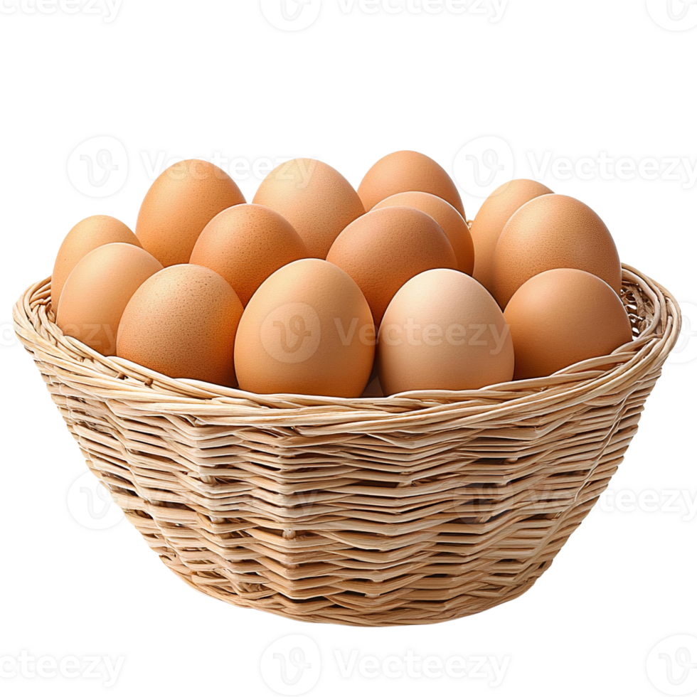 Organic Farm Fresh Brown Eggs in a Traditional Wicker Basket Isolated on Transparent Background png