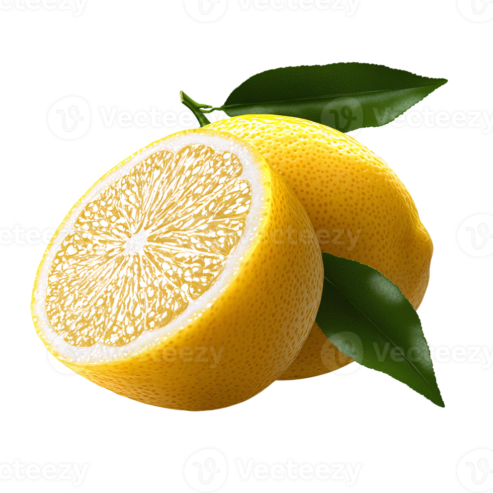Juicy lemon halved with leaves on transparent background png