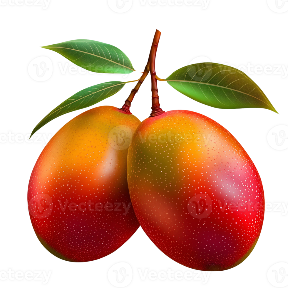 Red and yellow mangoes with leaves on transparent background png