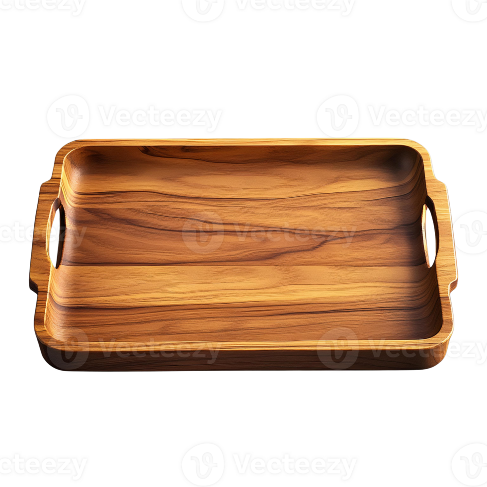 Wooden serving tray with handles, rectangular shape, isolated on transparent background png