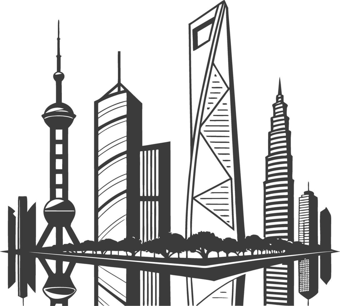 Shanghai Skyline Black and White Illustration Minimalist Cityscape with Iconic Landmarks Oriental Pearl Tower Modern Architecture vector