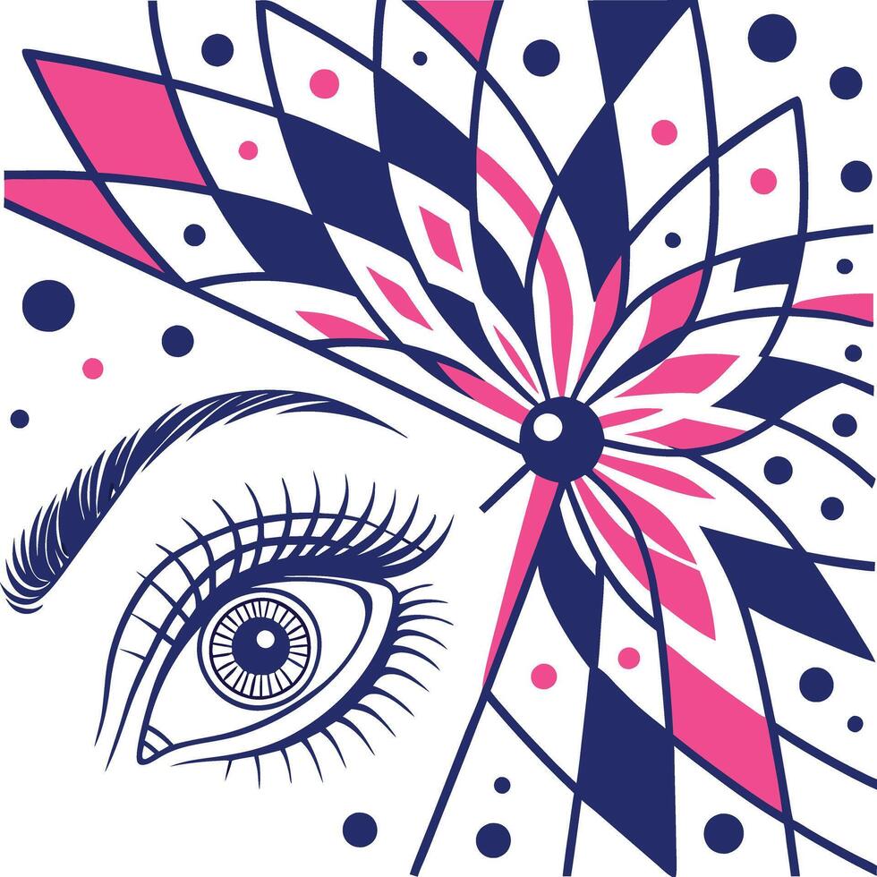 Abstract Geometric Floral Pattern with Stylized Eye Illustration Navy Blue and Hot Pink Pop Art Style Graphic Design vector