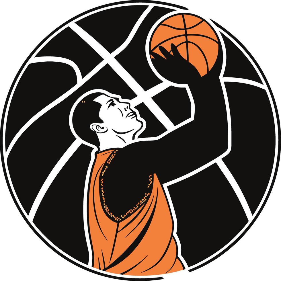 Basketball Player Silhouette Reaching for Ball Circular Composition Black and Orange Sports Logo Dynamic Athletic Movement vector