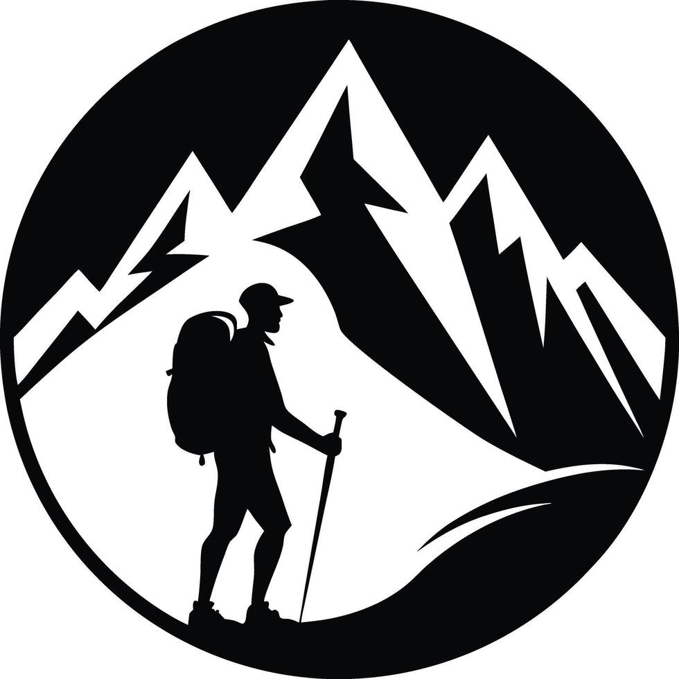 Black and White Logo Circular Design Hiker Backpack Walking Stick Jagged Mountain Peaks Minimalist Outdoor Adventure vector