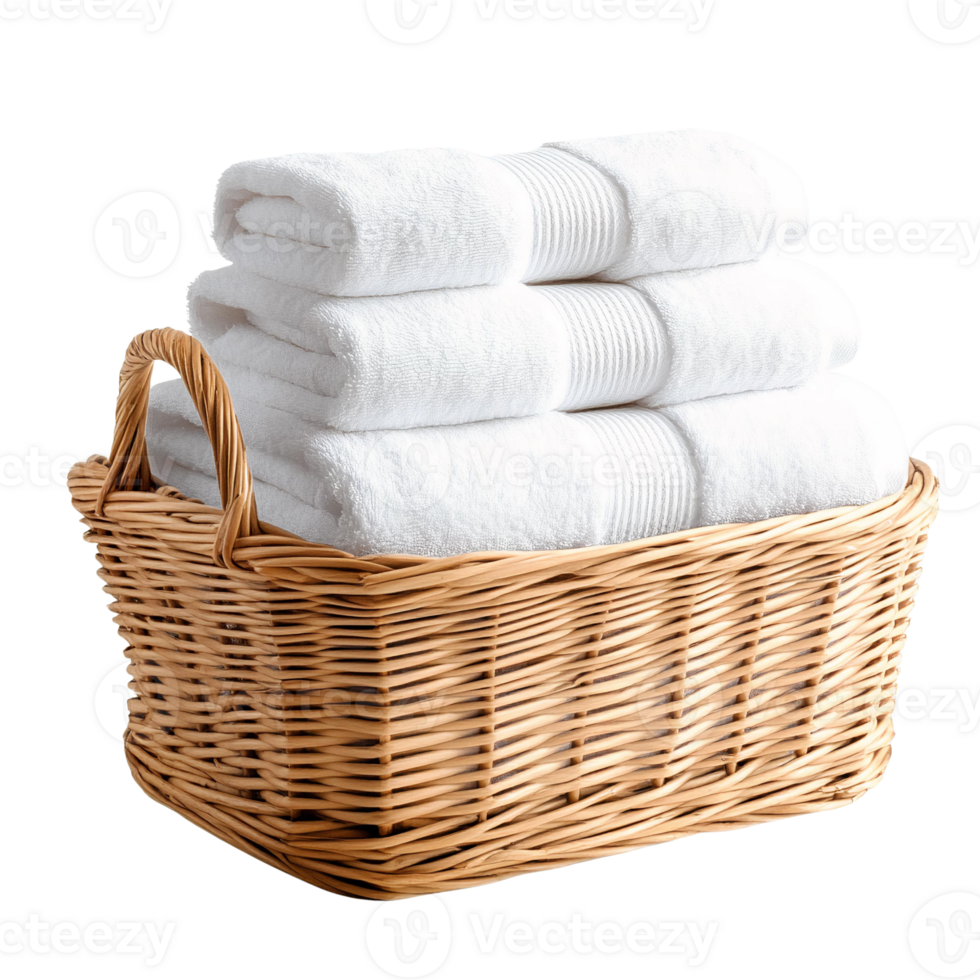 White bath towels in wicker basket on transparent background png