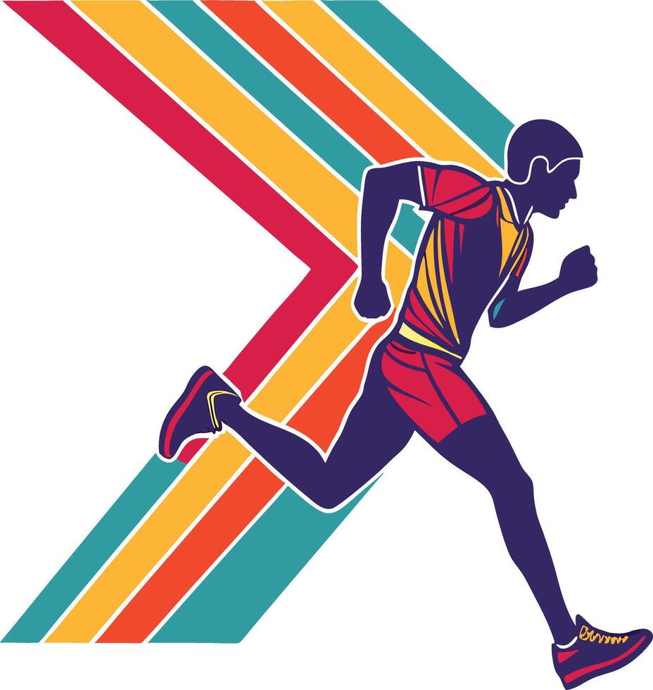 Retro Illustration Running Athlete Silhouette Diagonal Stripes Vibrant Red Yellow Teal Orange 1980s Aesthetic vector