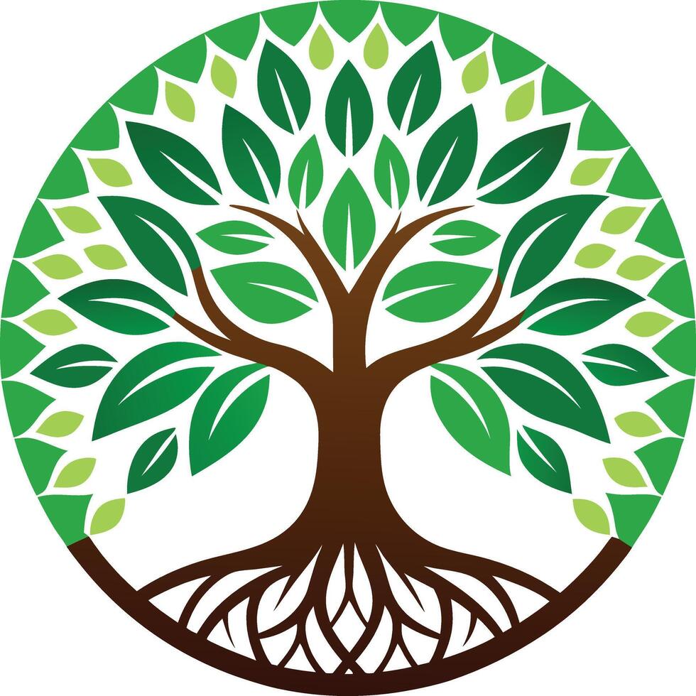 Stylized Tree of Life Circular Design Green Leaves Brown Trunk Roots Symmetrical Pattern Organic Nature Symbol vector