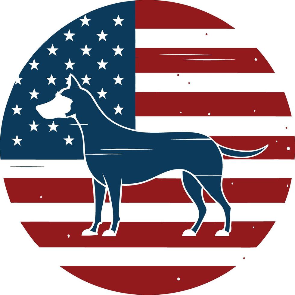 Patriotic Great Dane silhouette American flag circle vintage style distressed texture retro 4th of July military service animal vector