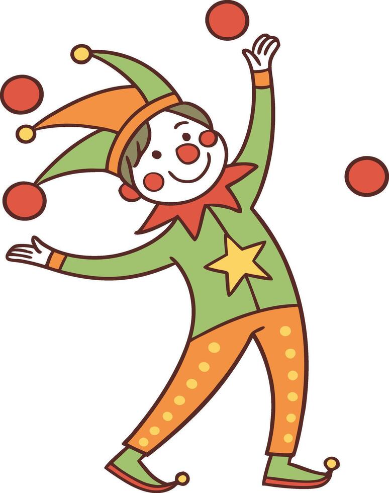 Cartoon Jester Playful Pose Green Orange Costume Pointed Hat Juggling Balls Circus Theme Cheerful Expression vector