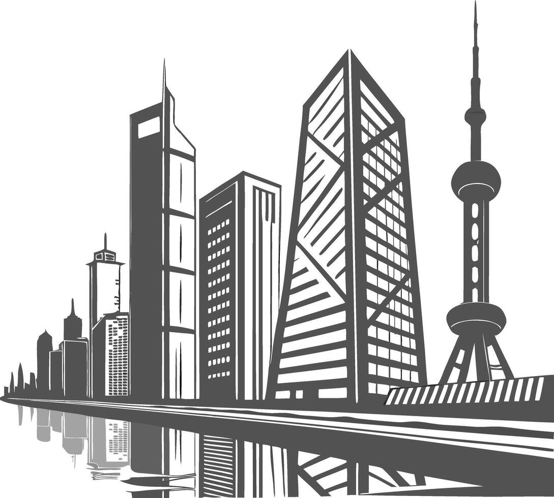 Modern Shanghai City Skyline Monochromatic Geometric Shapes Oriental Pearl Tower Skyscrapers Reflections Urban Landscape vector