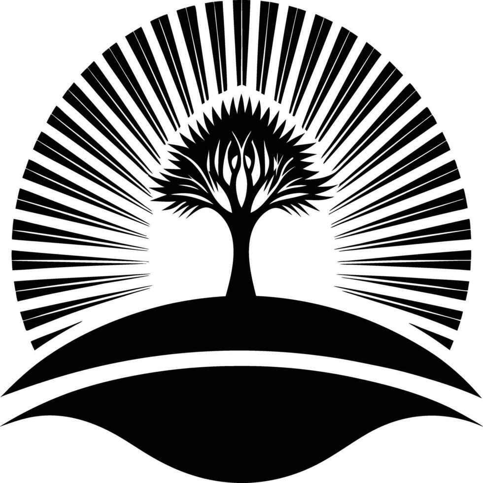 Minimalist Black and White Tree Silhouette Abstract Sunset Symbolic Zen Inspired Radiating Lines Geometric Shapes Spiritual Logo Art vector
