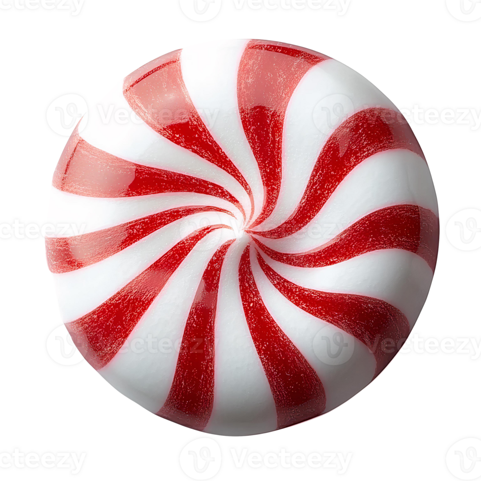 Red and white swirled peppermint candy on transparent background png