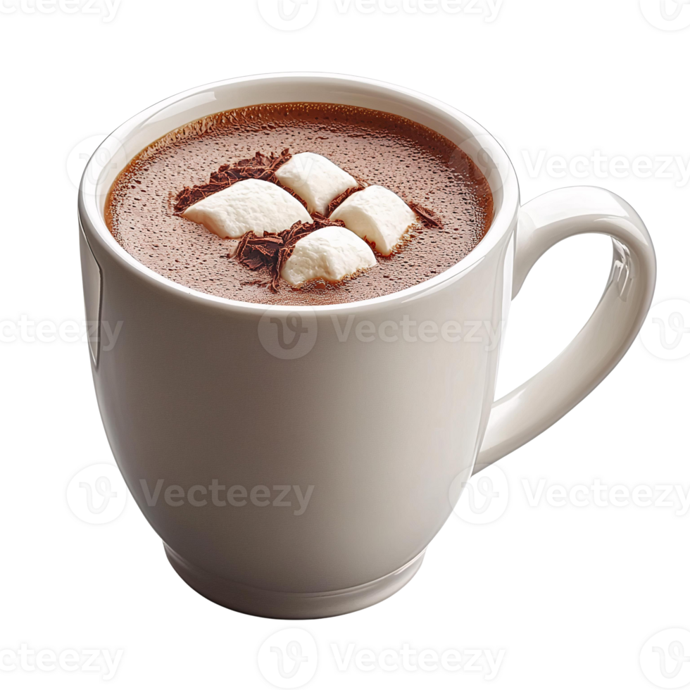 Hot chocolate with marshmallows and chocolate shavings in white mug png