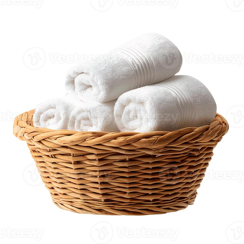 Fresh White Towels Rolled in Decorative Basket on Transparent Background png