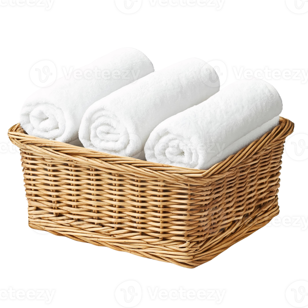 Cozy White Towels Stacked in Wicker Basket on Transparent Background png