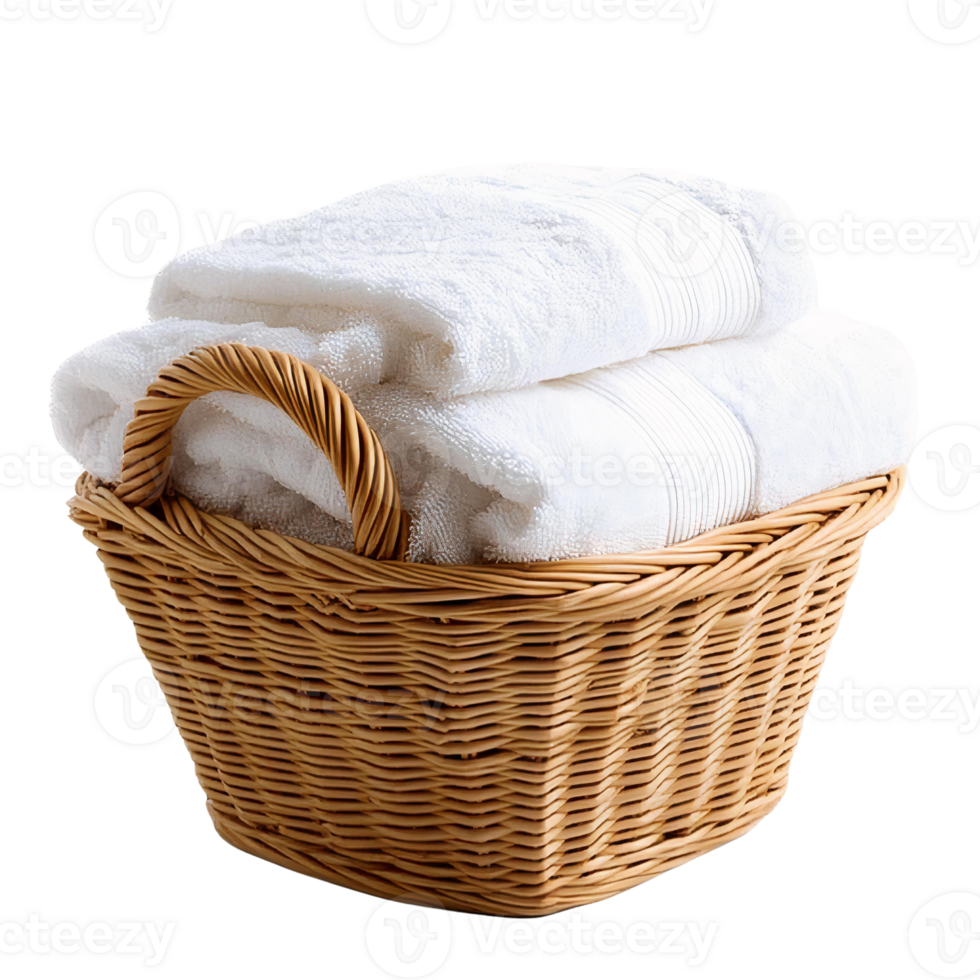 Fluffy White Towels Stacked in Wicker Basket on Transparent Background png