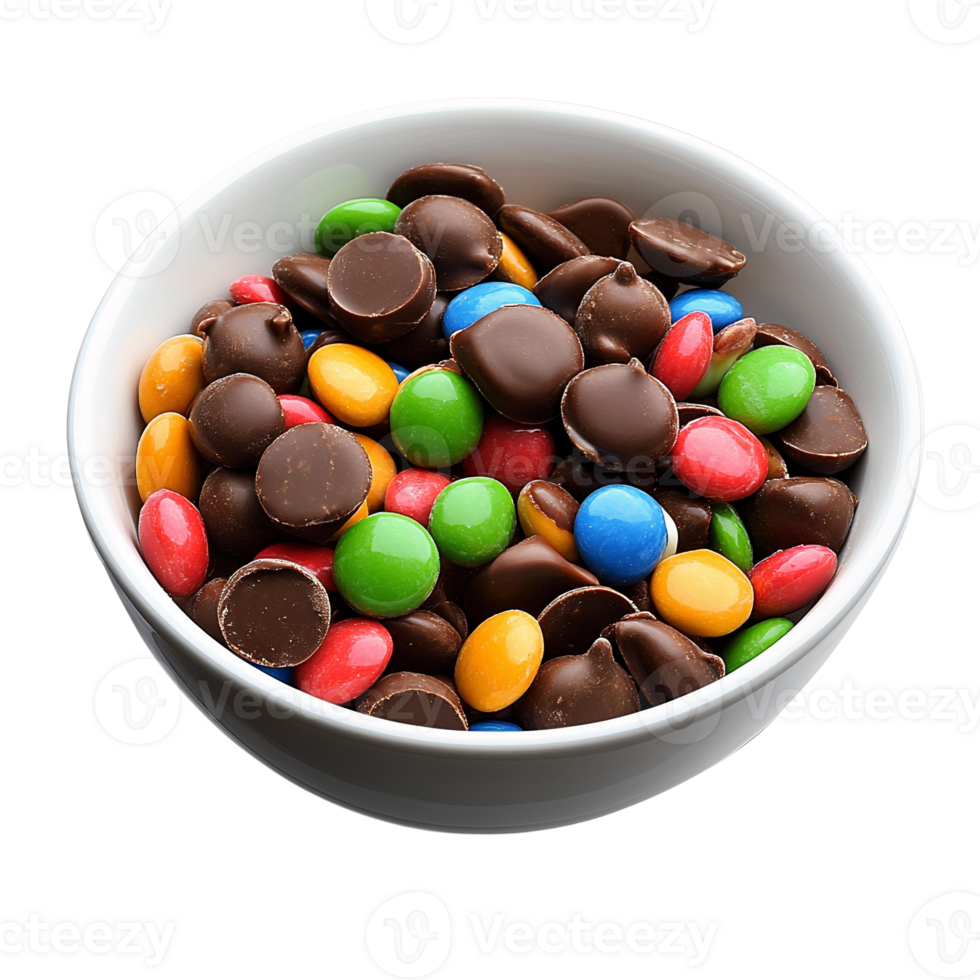 Colorful candies and chocolate chips in white bowl png