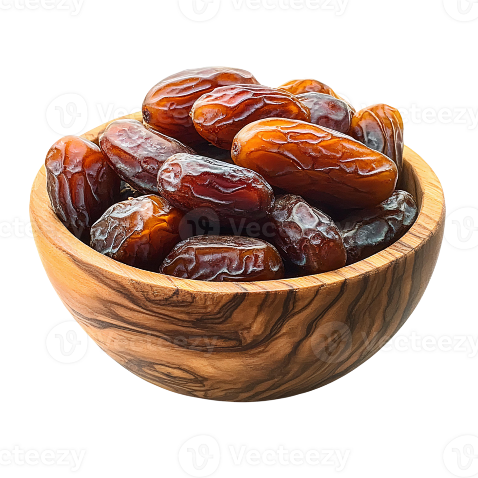 Sweet Brown Dates in Rustic Wooden Bowl on Transparent Background png
