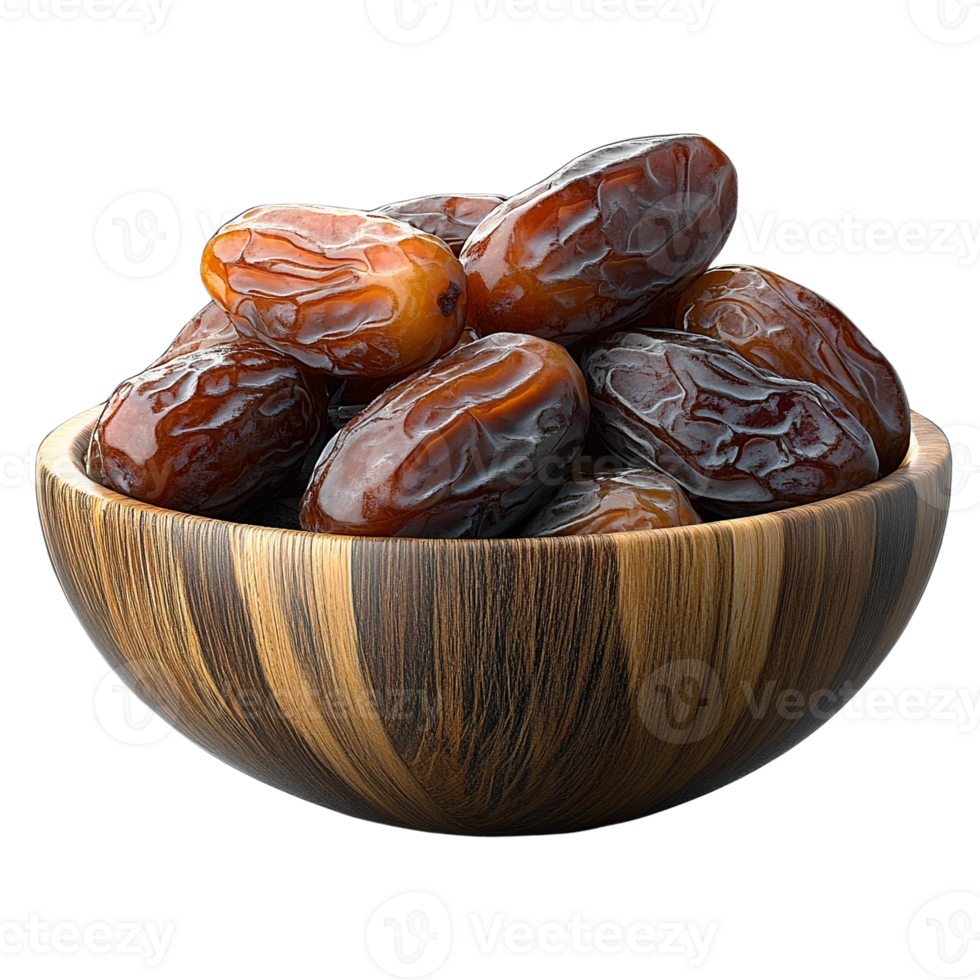 Natural Dried Dates in Wooden Bowl on Transparent Background png