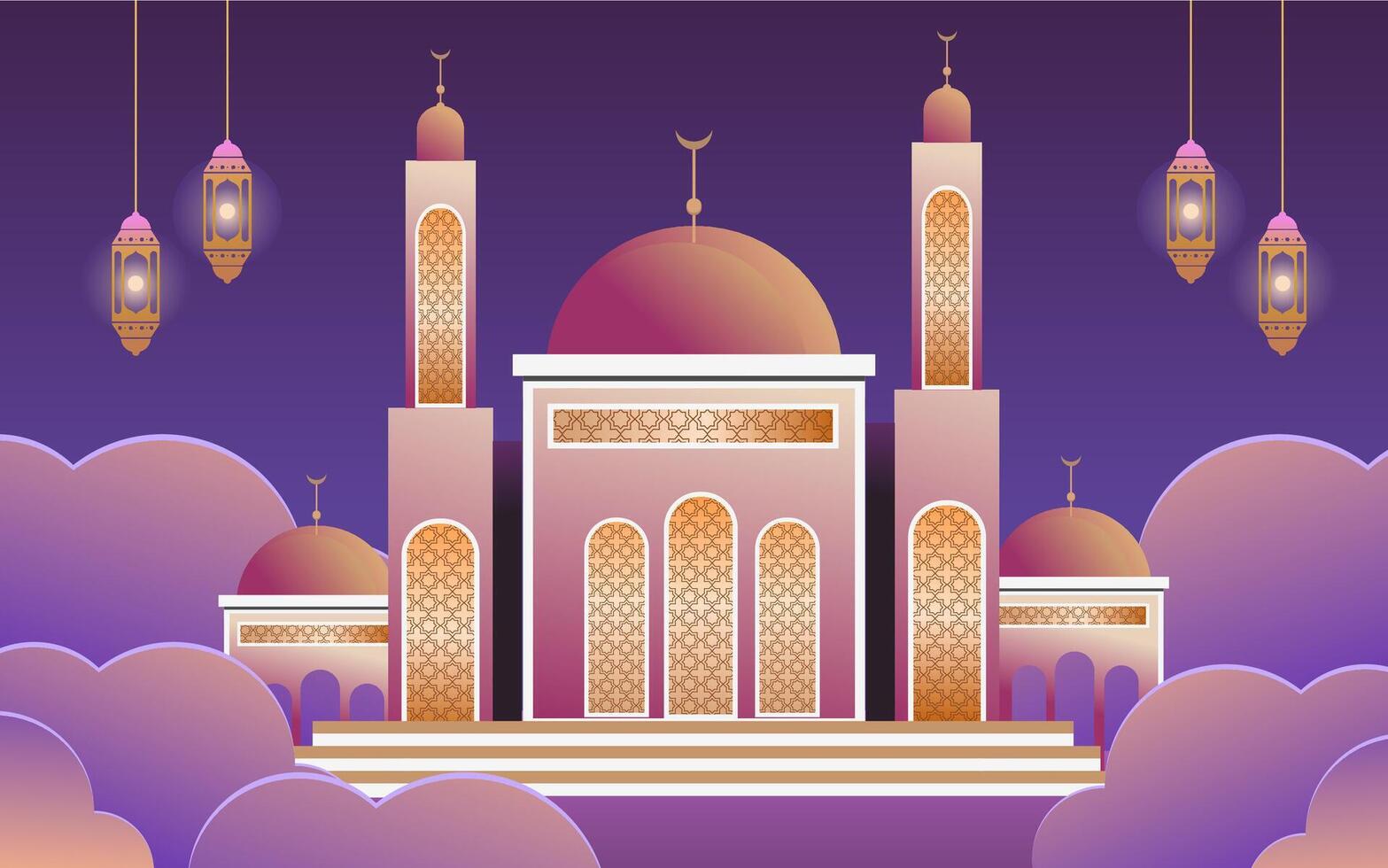 Islamic mosque with lanterns and clouds vector