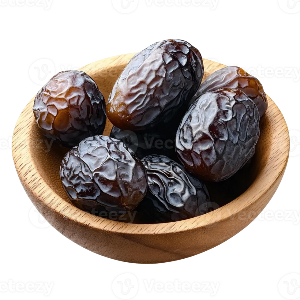 Dried dates in wooden bowl on white background png