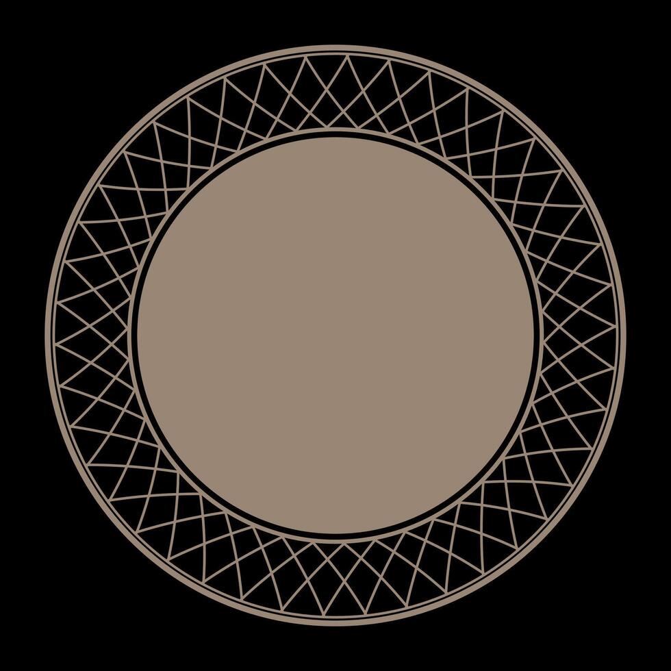 Lacy gold round frame. Abstract round gold frame. Gold plate with abstract geometric pattern design. For round surfaces, laser cutting, engraving, porcelain, textile, embroidery, sandblasting. EPS vector
