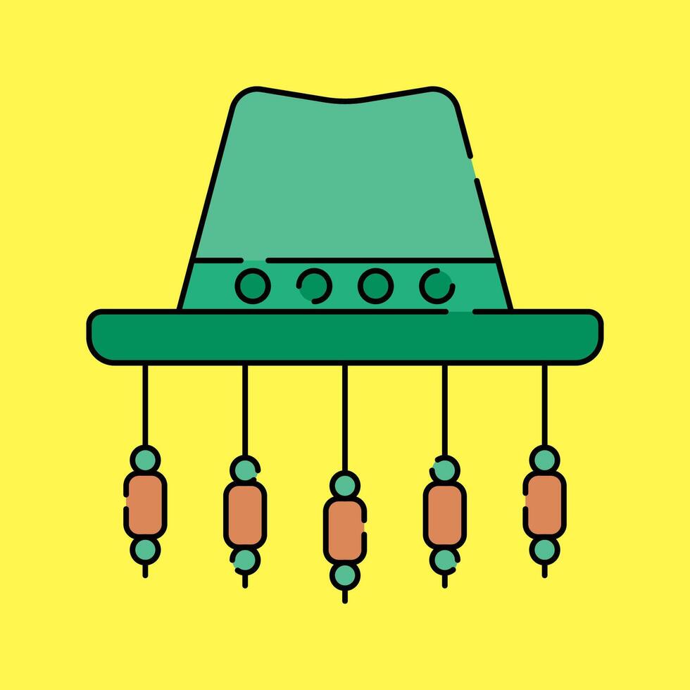 Akubra Hat Flat design style, green outback hat with hanging corks, symbolizing Australian bush culture, ideal for adventure graphics, country themes, and travel content. vector
