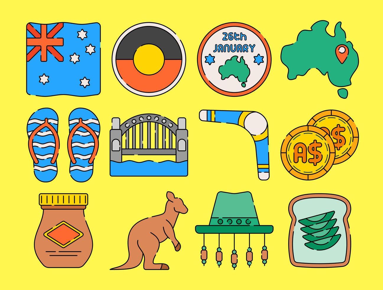Flat design illustration set featuring Australian elements like the flag, boomerang, kangaroo, Sydney Harbour Bridge, and local foods. Perfect for cultural projects, travel, and tourism designs. vector