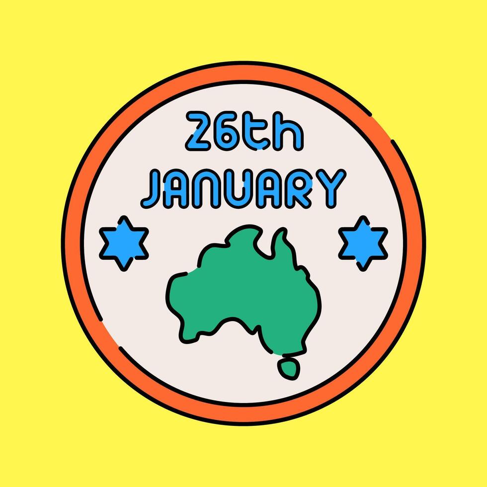 Australia Day Badge Flat design style, circular emblem with 26th January and Australia map, symbolizing Australia Day, great for holiday promotions, event posters, and national pride content. vector