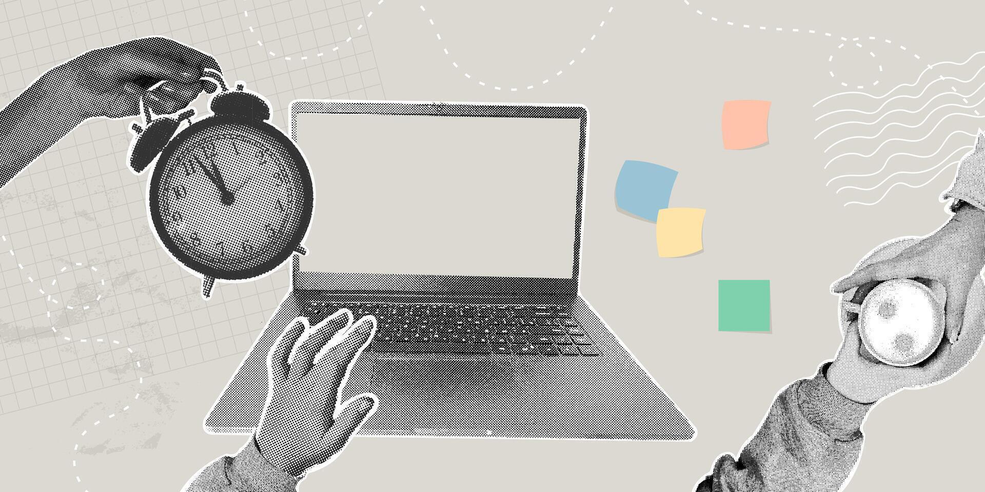 Fashionable halftone collage. Remote collaboration,time management,time management,online learning,work from home,coffee break concept. vector