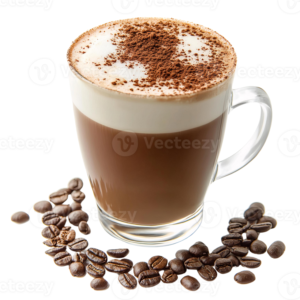 Cappuccino coffee drink in glass mug with coffee beans on transparent background png