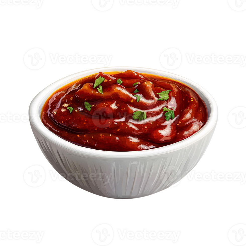 Spicy red sauce in white bowl, isolated on transparent background png