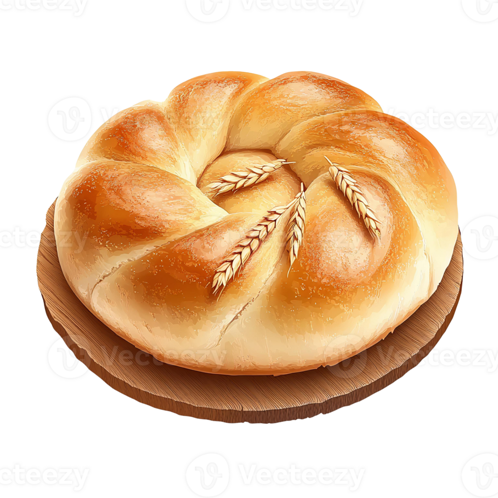 Round wheat bread on wooden board on transparent background png