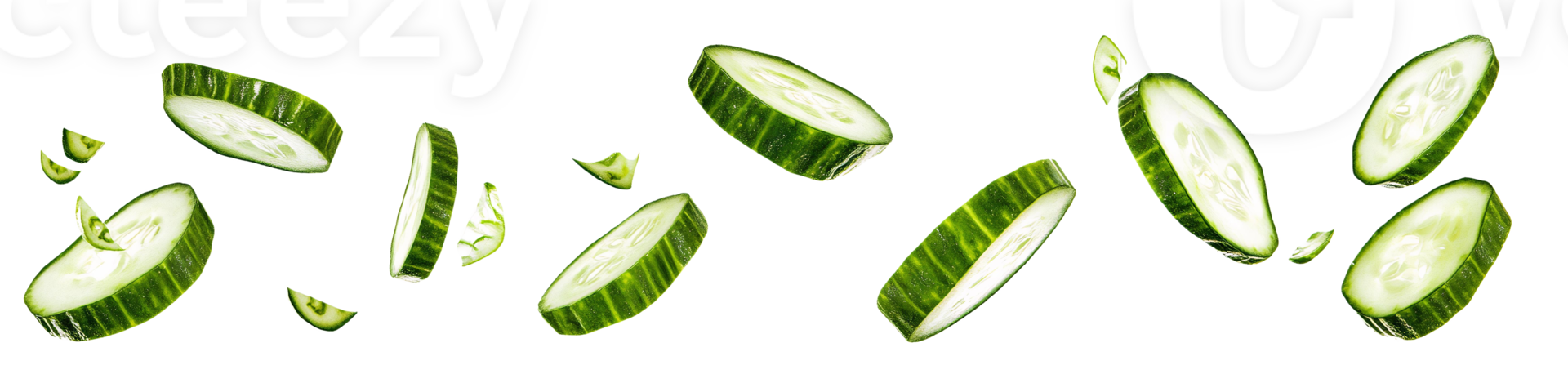 Crisp Cucumber Slices in Motion on Transparent Background png