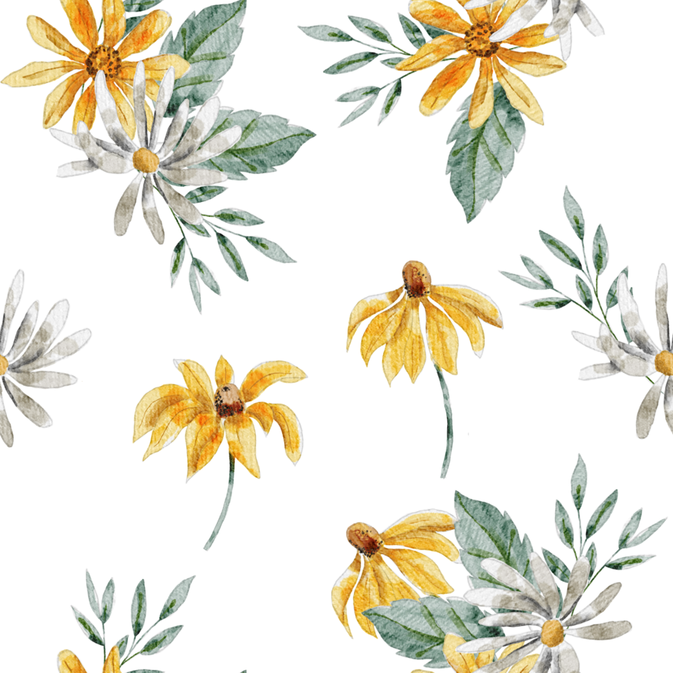 White and Yellow Watercolor Aster Seamless Pattern png