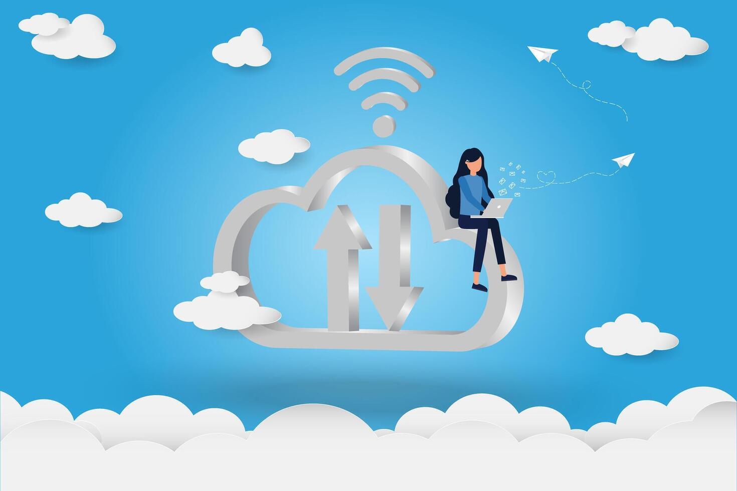 illustration of Woman on big cloud symbol with using laptop on blue background vector