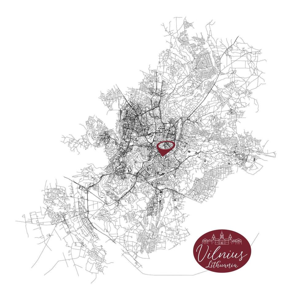 Vilnius capital city of Lithuania,Urban Streets Roads Map with city center location pin, illustration element image vector