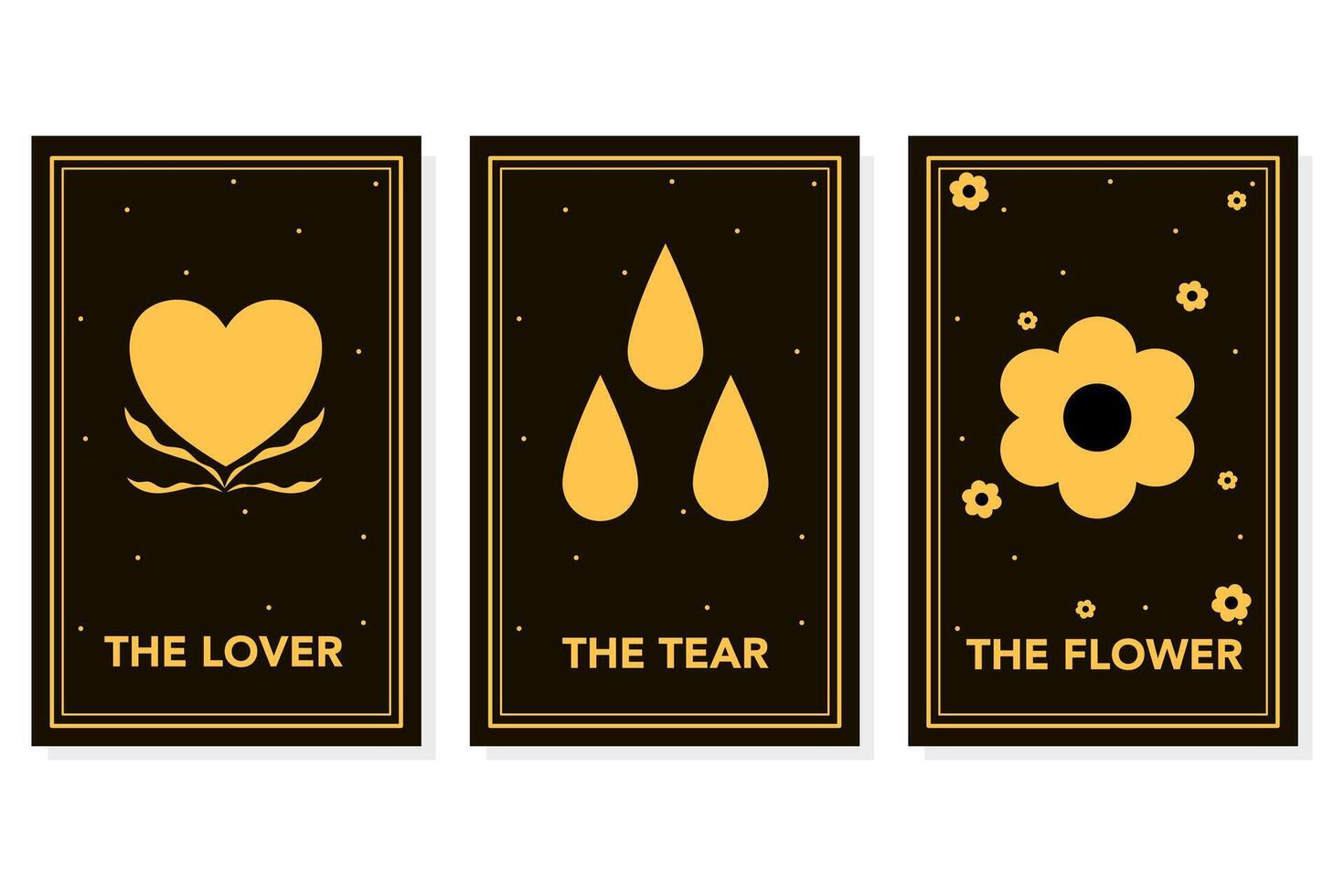 Tarot card frame yellow line border celestial mystery esoteric decoration mystical lover tear and flower on dark background. vector