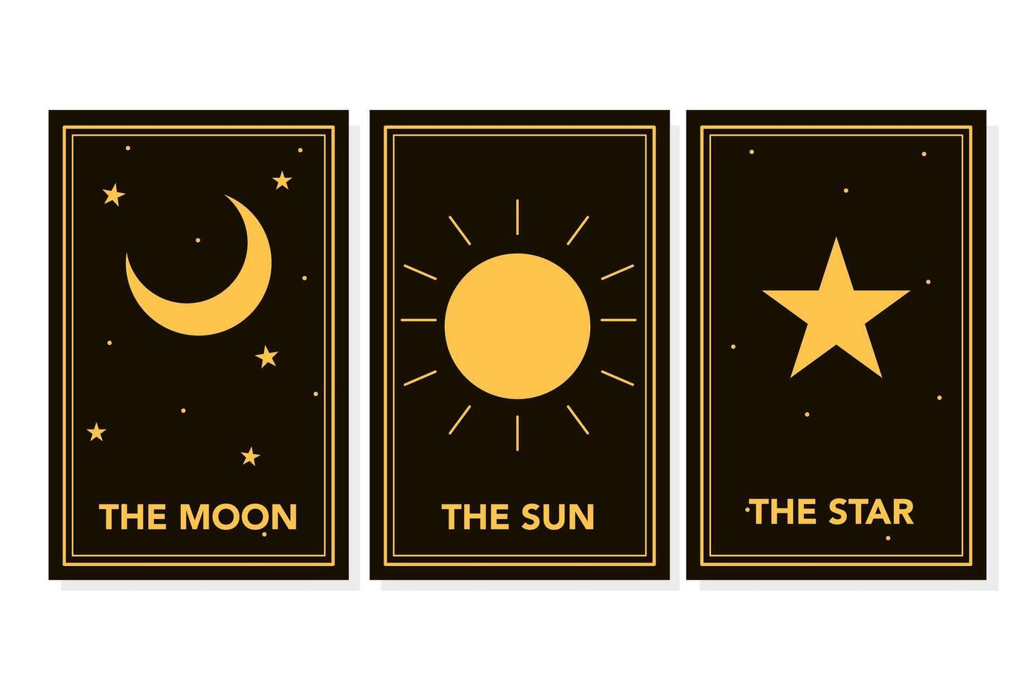 Tarot card frame yellow line border celestial mystery esoteric decoration mystical moon sun and star on dark background. vector