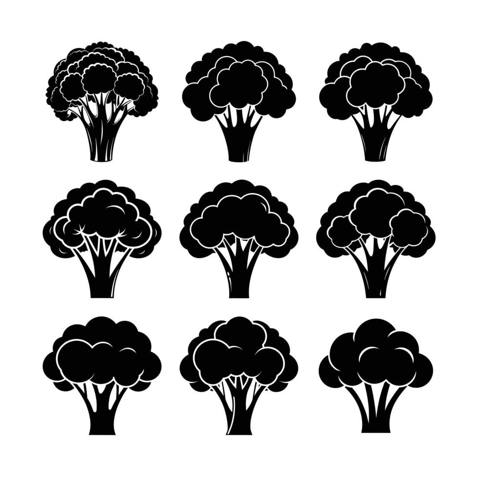 Black broccoli trees icons set on white background vector
