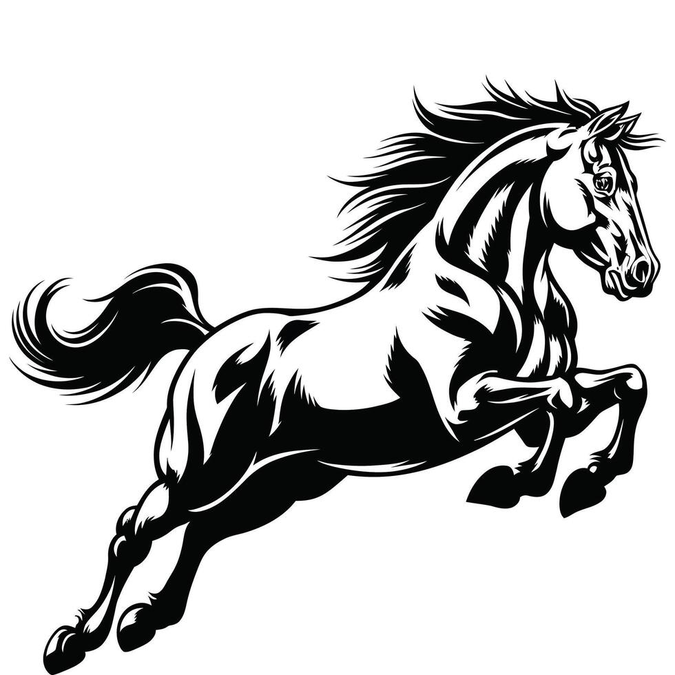 A black and white illustration of a running horse vector
