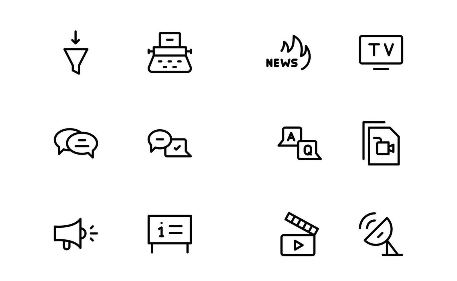 Minimalist Mass Media Icons lot. Perfect for News Outlets, Media Campaigns, and Broadcasting Design Systems vector