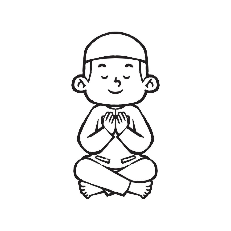 Muslim boy in praying pose line art vector