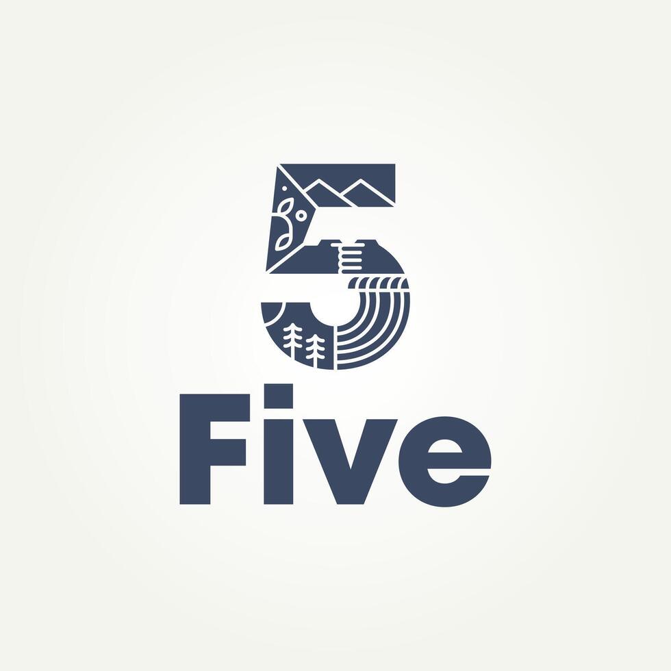 minimalist adventure logo with number 5 symbol icon logo illustration design vector